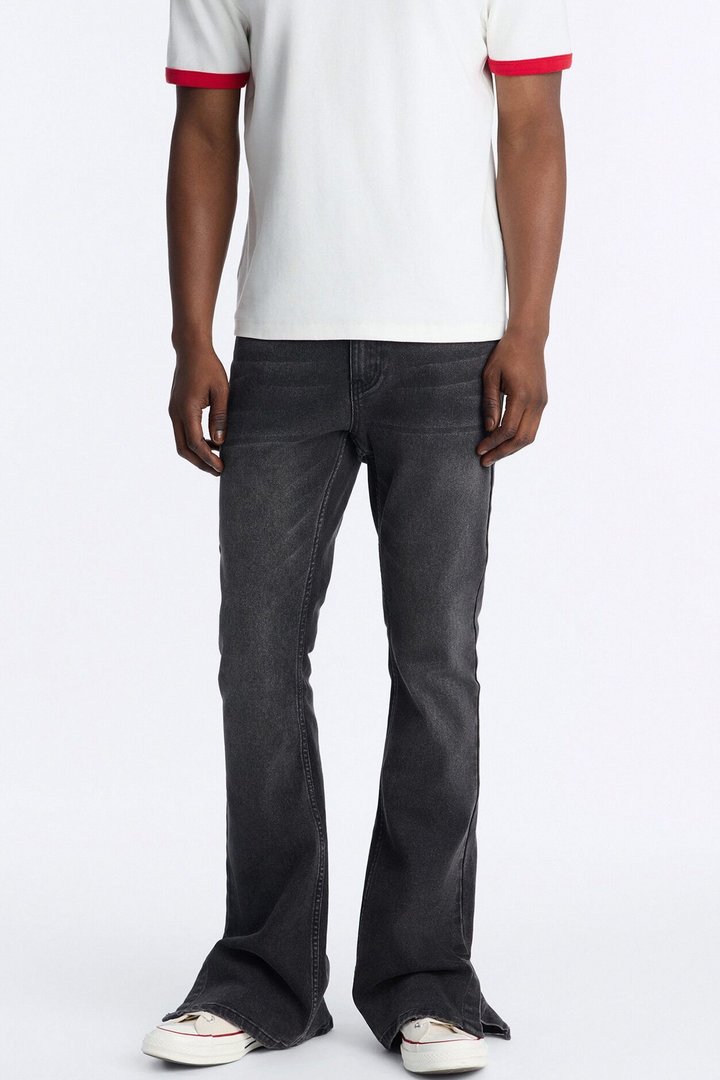Upstanding Slit Stacked Skinny Flare Jean - Black Wash