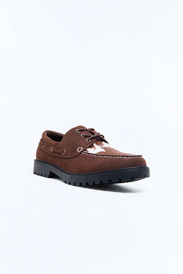 Faux Suede Cow Print Chunky Loafer - Brown