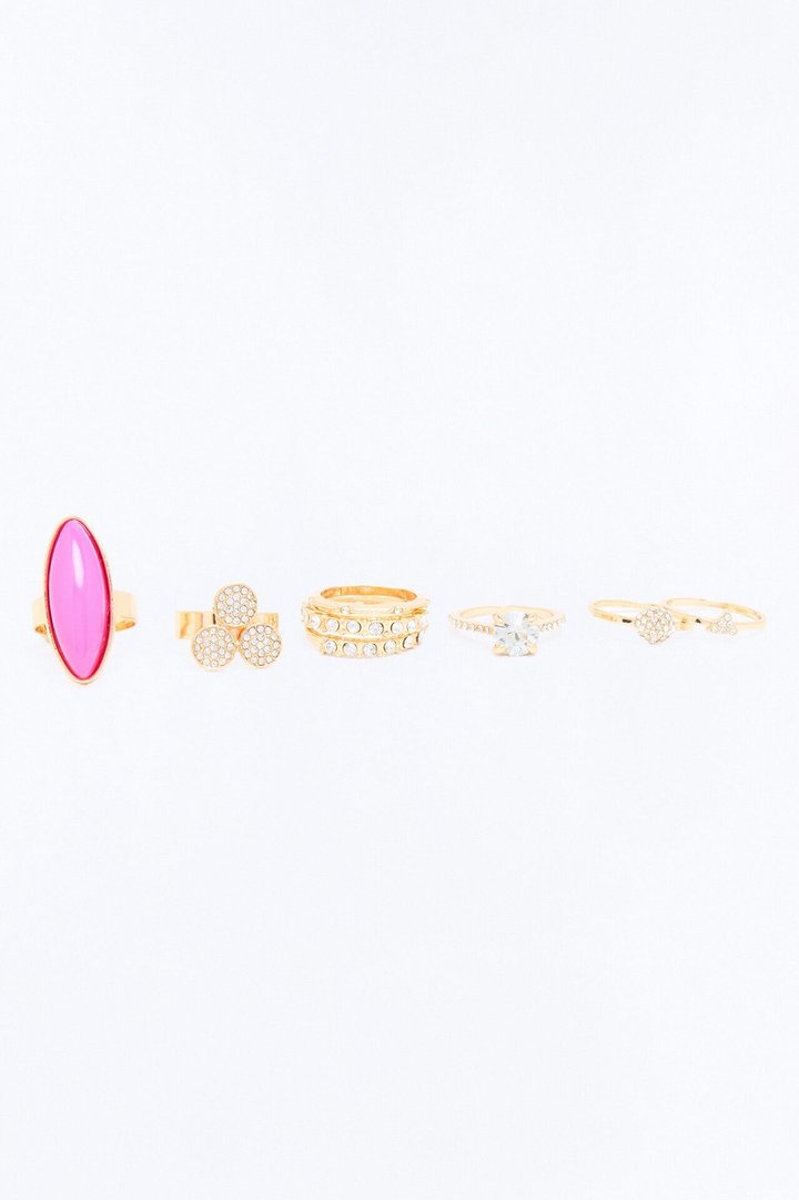 Always Pretty 8 Piece Ring Set - Gold/Pink