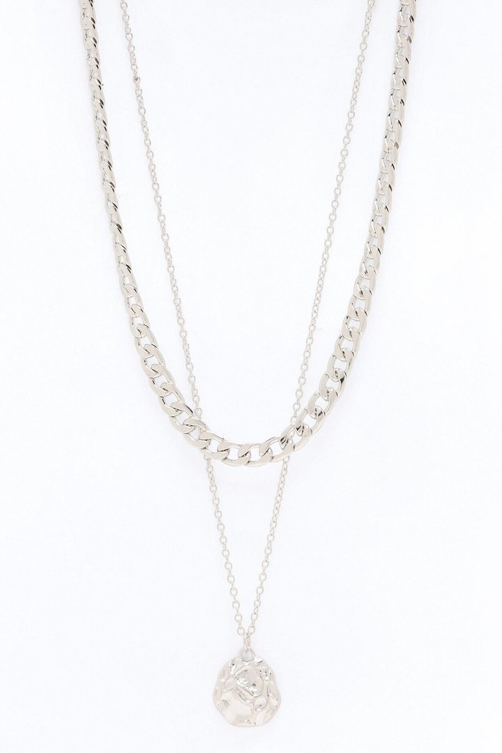 Hammered Pendant Cuban Chain Necklace Set - Silver