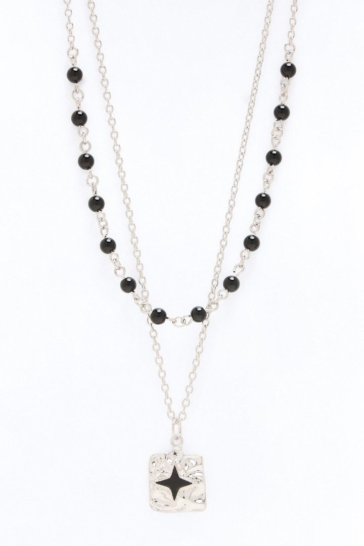 Dark Star Beaded Chain Necklace Set - Silver