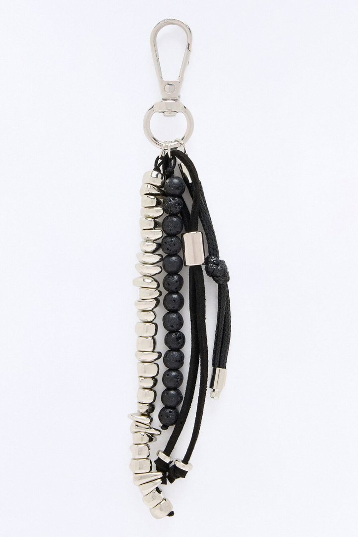 Midnight Beaded Woven Multi Charm Keychain - Silver/Black