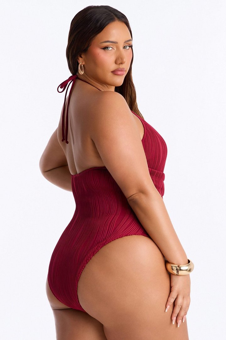 Dream Doll Textured 1 Piece Plunge Neck Swimsuit - Burgundy