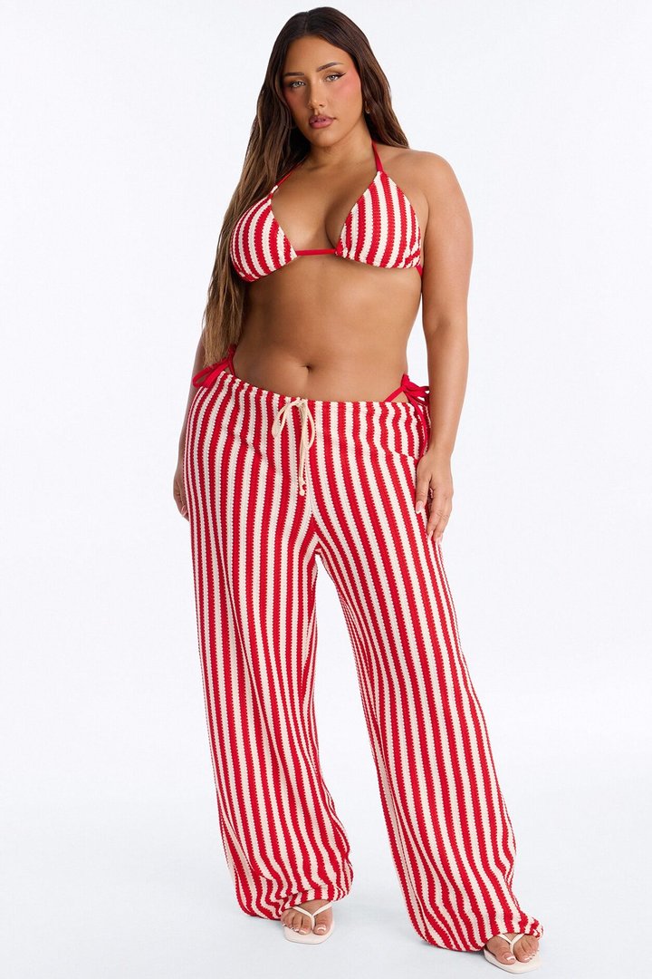 Denver Striped 3 Piece Triangle Bikini & Cover Up Pants Sunsuit - Red/combo