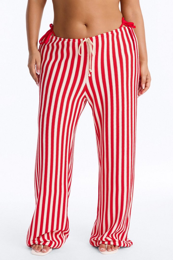 Denver Striped 3 Piece Triangle Bikini & Cover Up Pants Sunsuit - Red/combo