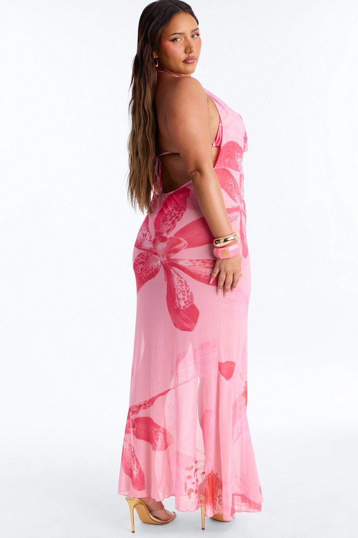 Zola 3 Piece Floral Triangle Bikini & Cover Up Maxi Dress Sunsuit - Pink
