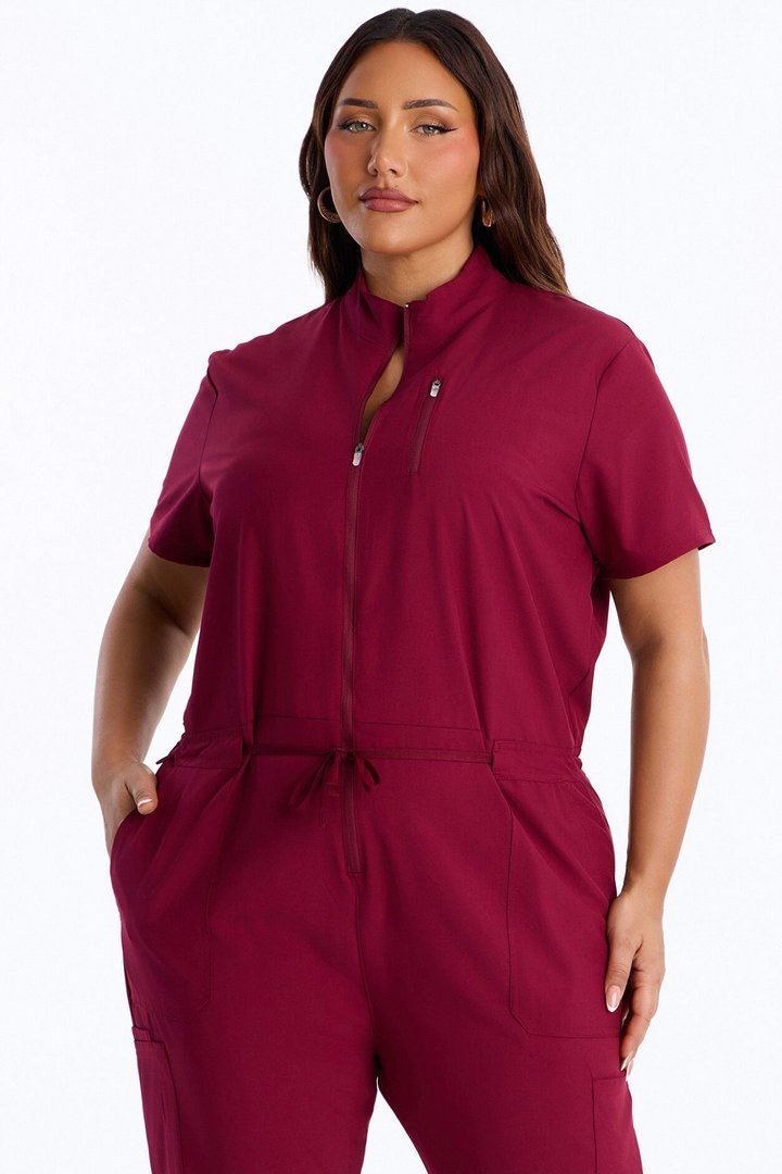 Standard Procedure Zip Up Jogger Uniform Scrub Jumpsuit - Wine
