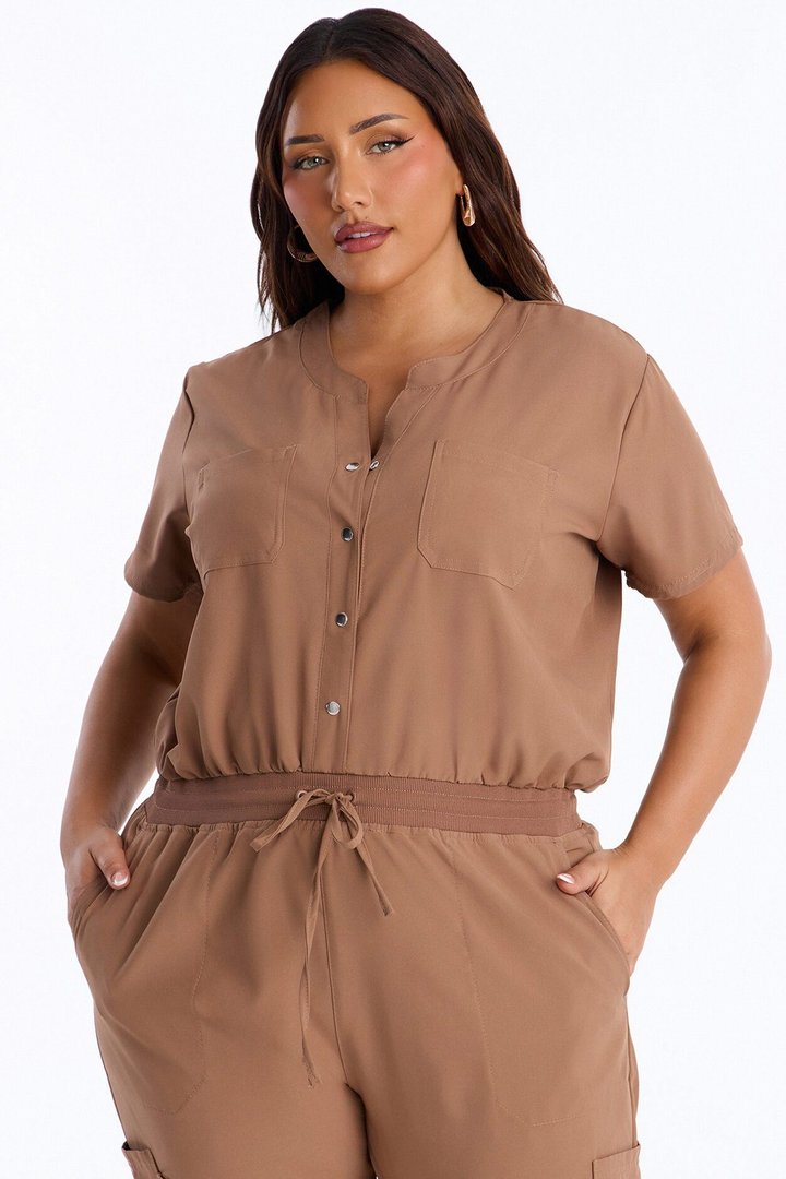 In Unison Uniform Jogger Scrub Jumpsuit With Snaps - Mocha