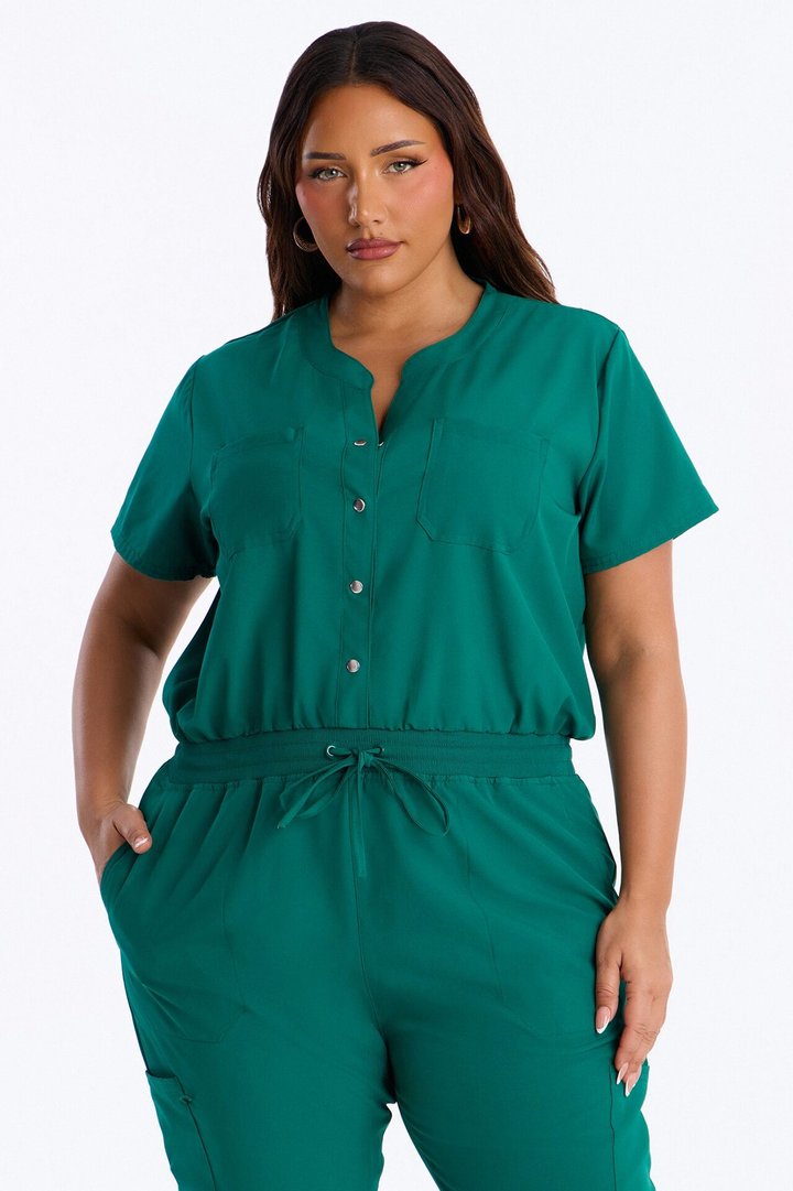 In Unison Uniform Jogger Scrub Jumpsuit With Snaps - Hunter