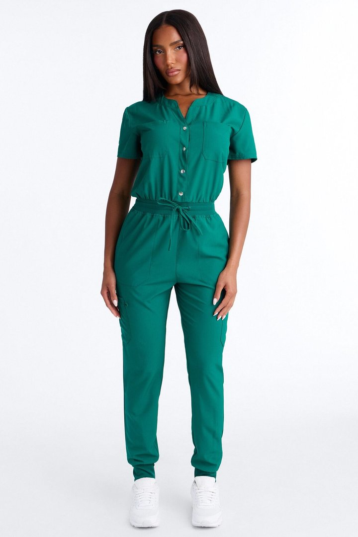 In Unison Uniform Jogger Scrub Jumpsuit With Snaps - Hunter