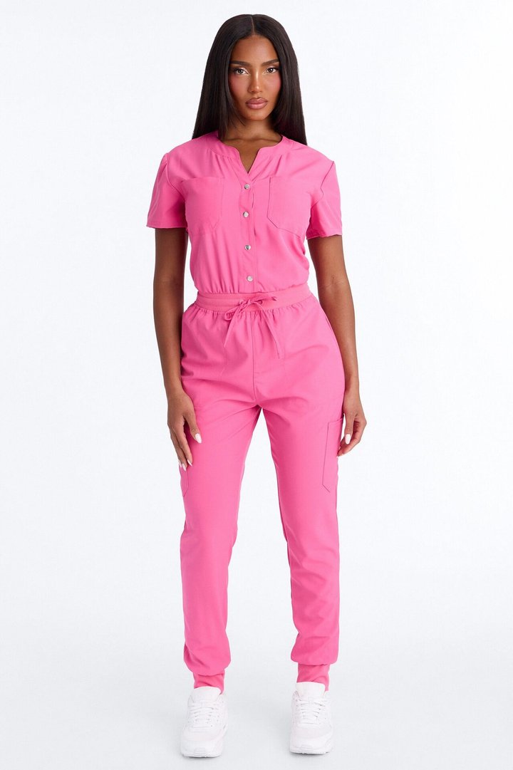 In Unison Uniform Jogger Scrub Jumpsuit With Snaps - Hot Pink