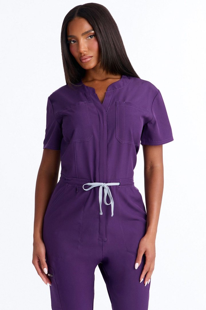 Prime Care Belted Uniform Scrub Jumpsuit - Eggplant