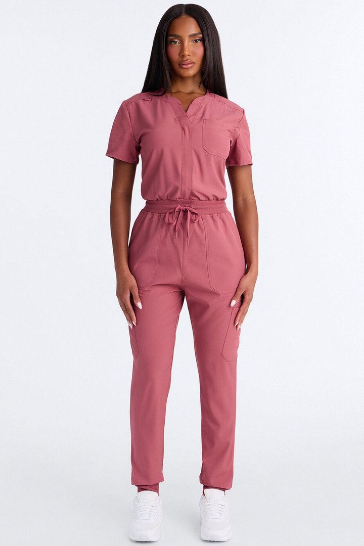 Full Shift Stretch Jogger Scrub Uniform Jumpsuit - Rose