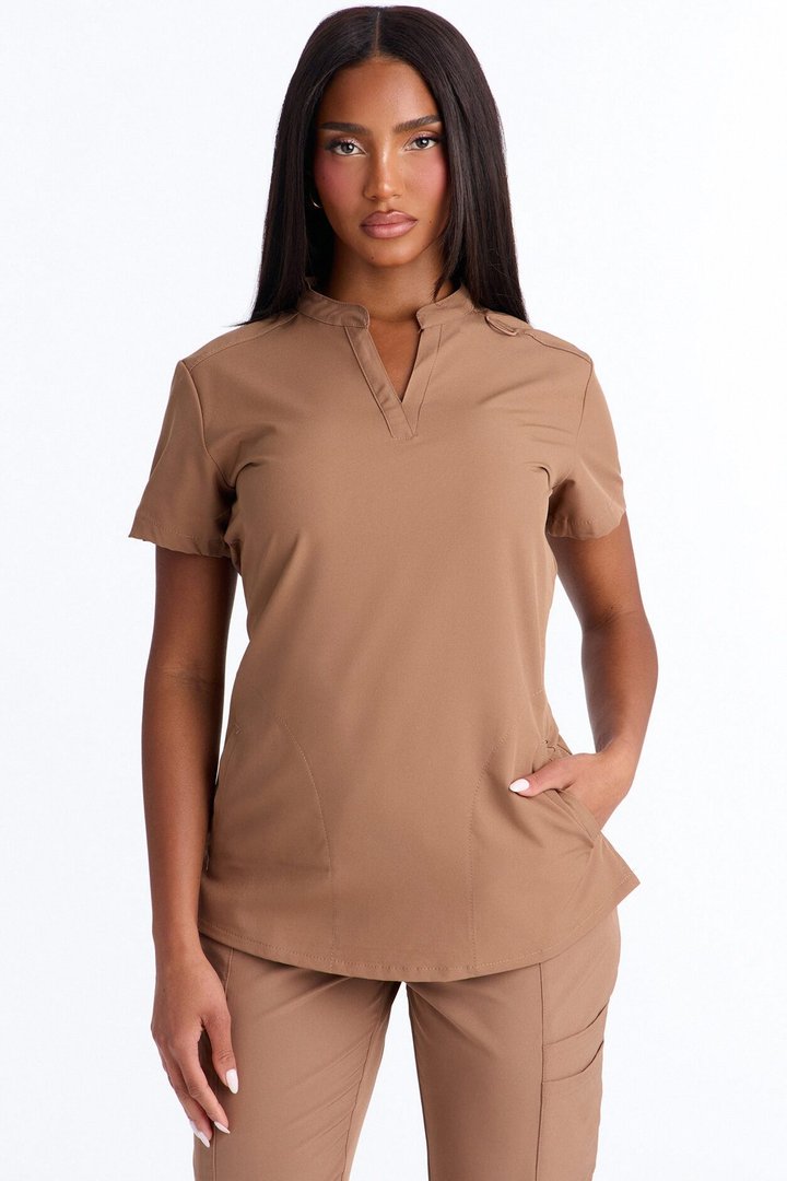 Calm Energy Reflective Piping Uniform Scrub Top - Mocha