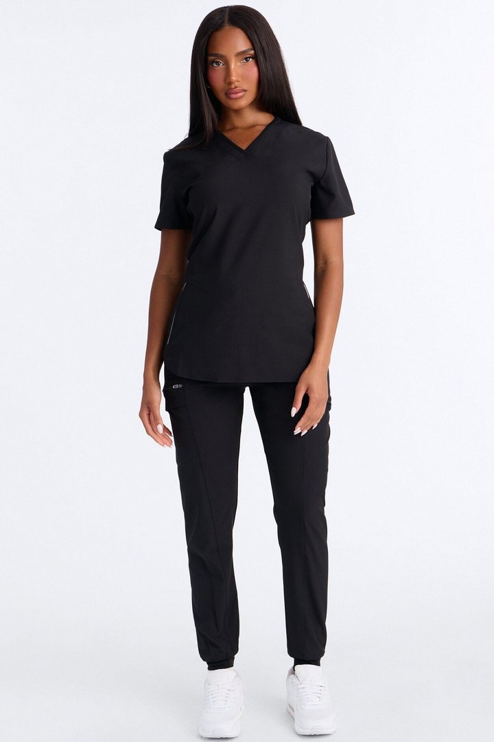 Smooth Form Reflective Piping Uniform Scrub Top - Black