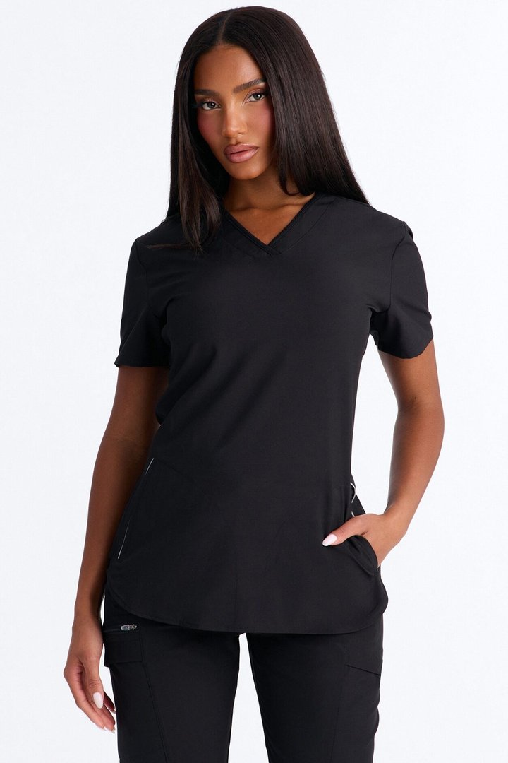 Smooth Form Reflective Piping Uniform Scrub Top - Black
