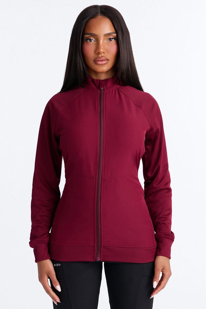 Full Shift Stretch Scrub Uniform Zip Up Jacket - Wine