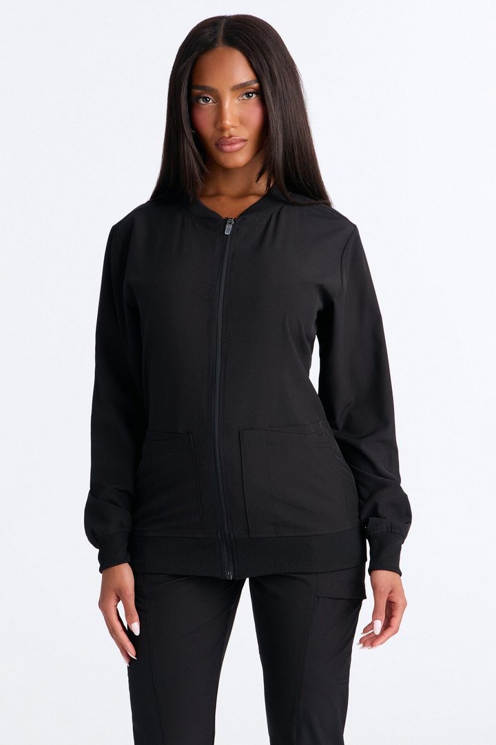 Warm Me Up 4 Way Stretch Zip Up Bomber Scrub Jacket - Black