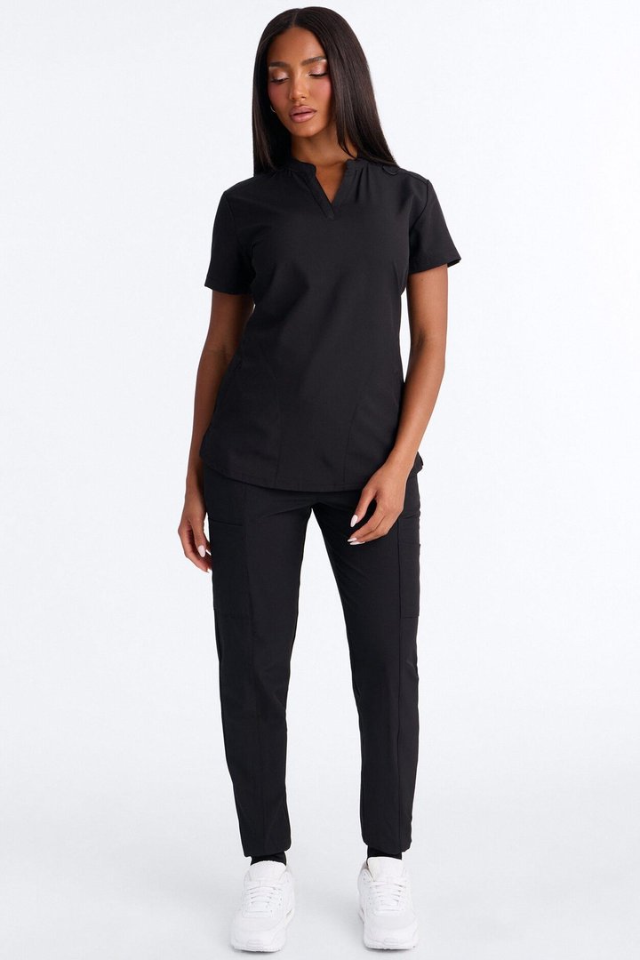 Calm Energy Reflective Piping Uniform Scrub Top - Black