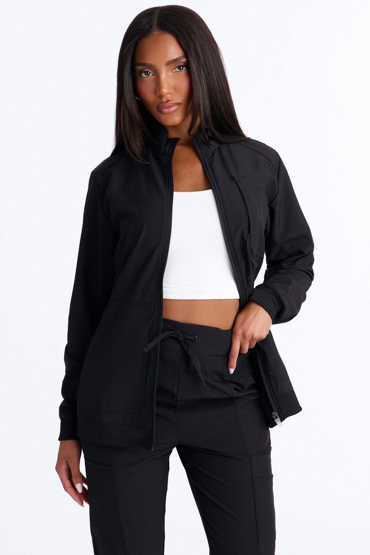 Keeping Warm 4 Way Stretch Front Zipper Pocket Scrub Jacket - Black