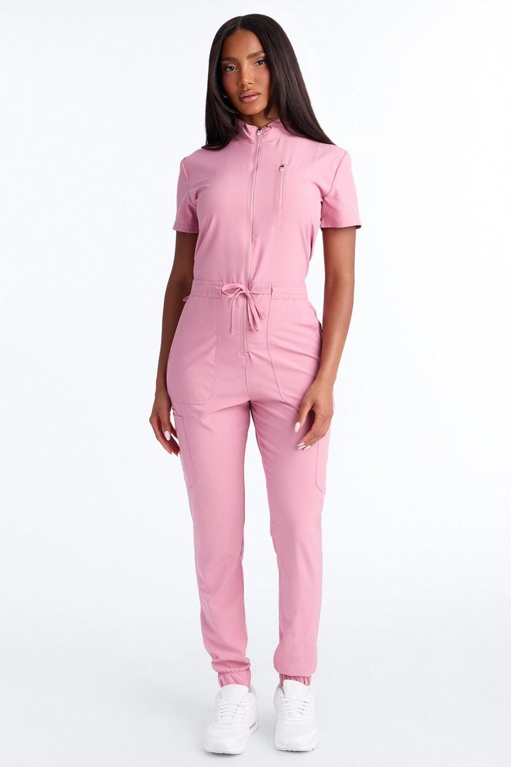 Standard Procedure Zip Up Jogger Uniform Scrub Jumpsuit - Mauve