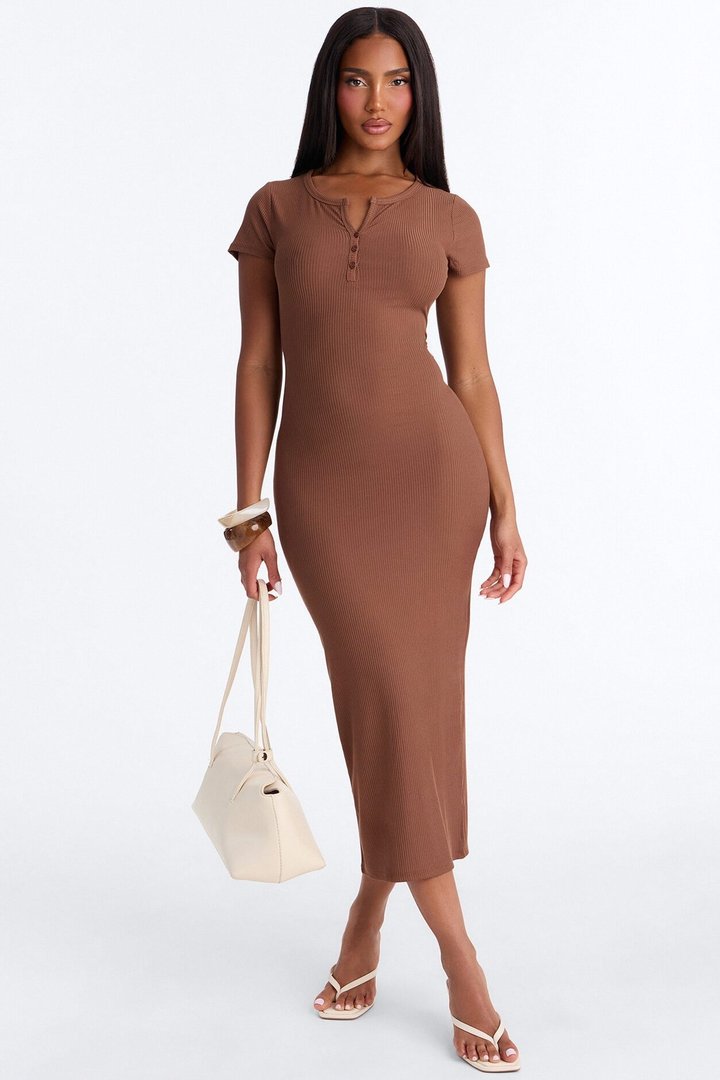 Madison Short Sleeve Midi Dresses - Brown