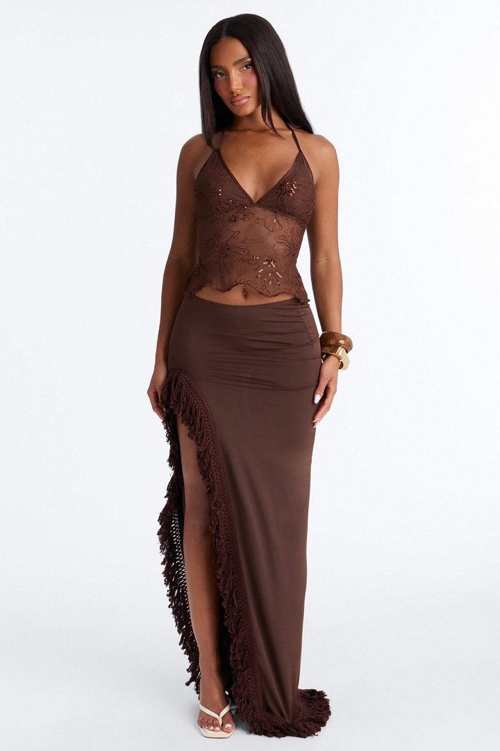 Valerie Floral Mesh Halter Top - Chocolate
