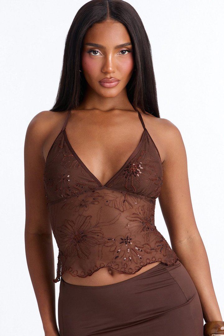 Valerie Floral Mesh Halter Top - Chocolate
