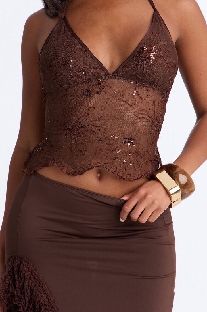 Valerie Floral Mesh Halter Top - Chocolate