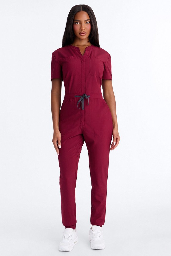 Prime Care Belted Uniform Scrub Jumpsuit - Wine