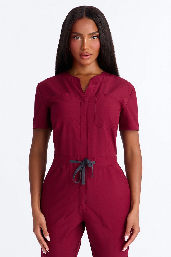 Prime Care Belted Uniform Scrub Jumpsuit - Wine