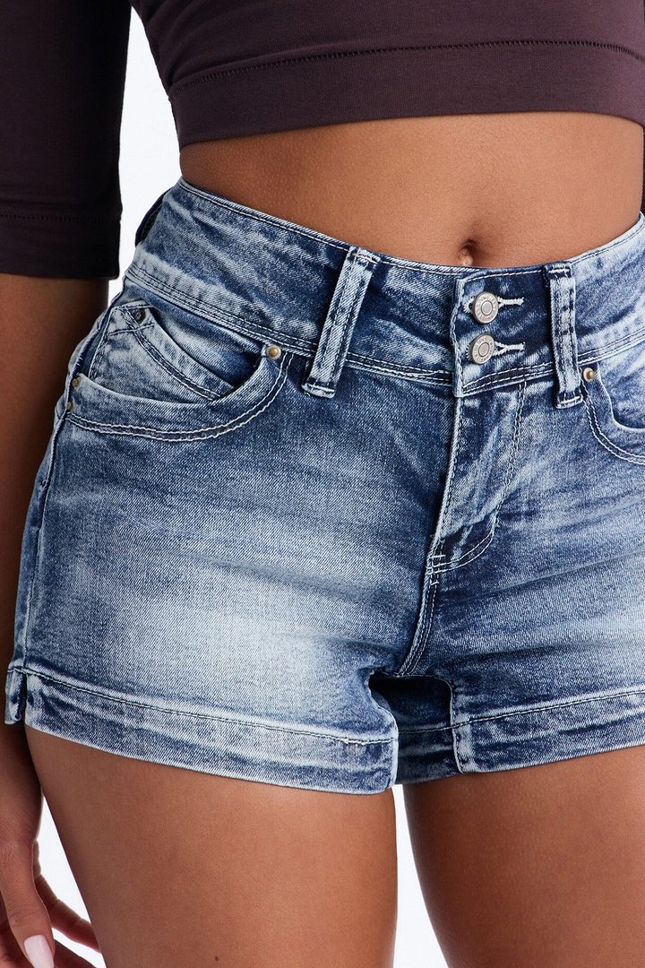 No More Questions Double Button Stetch Denim Shorts - Medium Wash