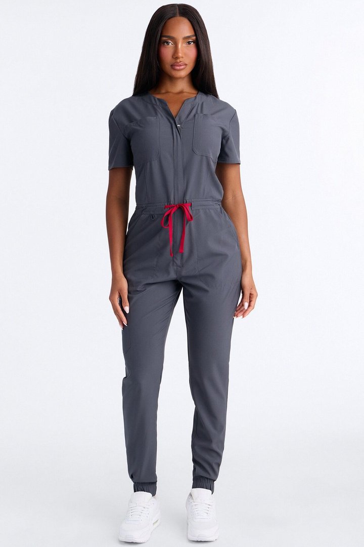 Prime Care Belted Uniform Scrub Jumpsuit - Charcoal