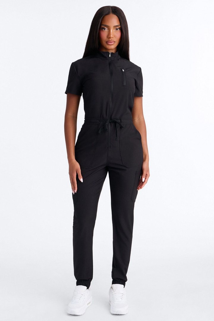 Standard Procedure Zip Up Jogger Uniform Scrub Jumpsuit - Black