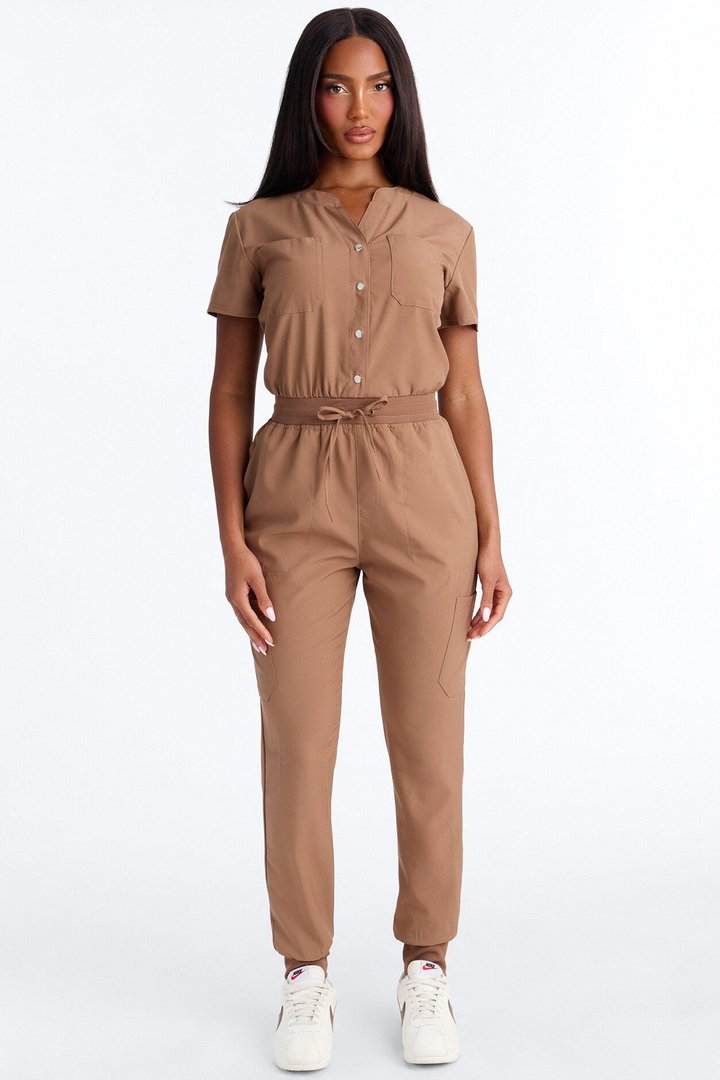 In Unison Uniform Jogger Scrub Jumpsuit With Snaps - Mocha