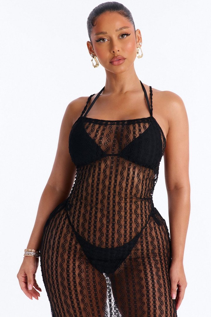 Summer Fling Stripe Lace Halter Cover Up Maxi Dress - Black