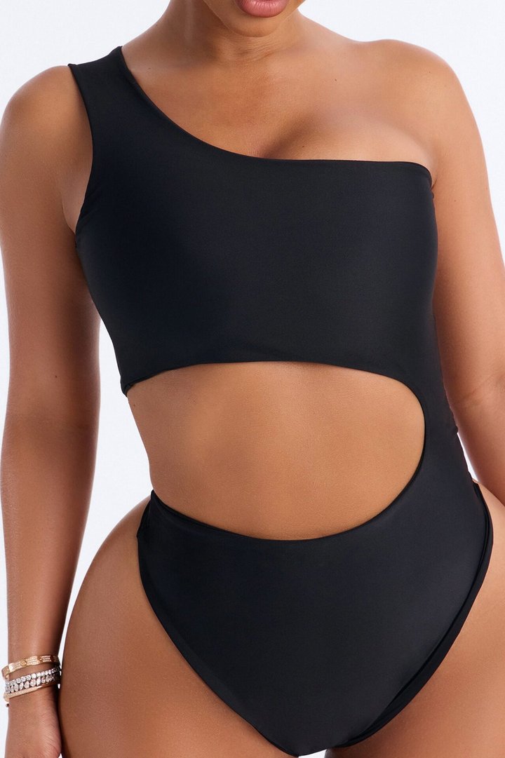 Looking At Me 1 Piece Cut Out One Shoulder Swimsuit - Black