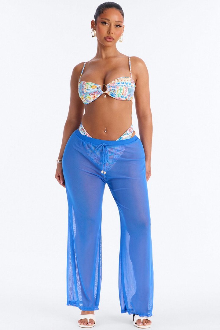 Summer Of Gardens 3 Piece Bandeau Bikini & Mesh Cover Up Pant Sunsuit - Blue/combo