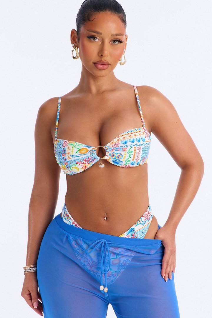 Summer Of Gardens 3 Piece Bandeau Bikini & Mesh Cover Up Pant Sunsuit - Blue/combo