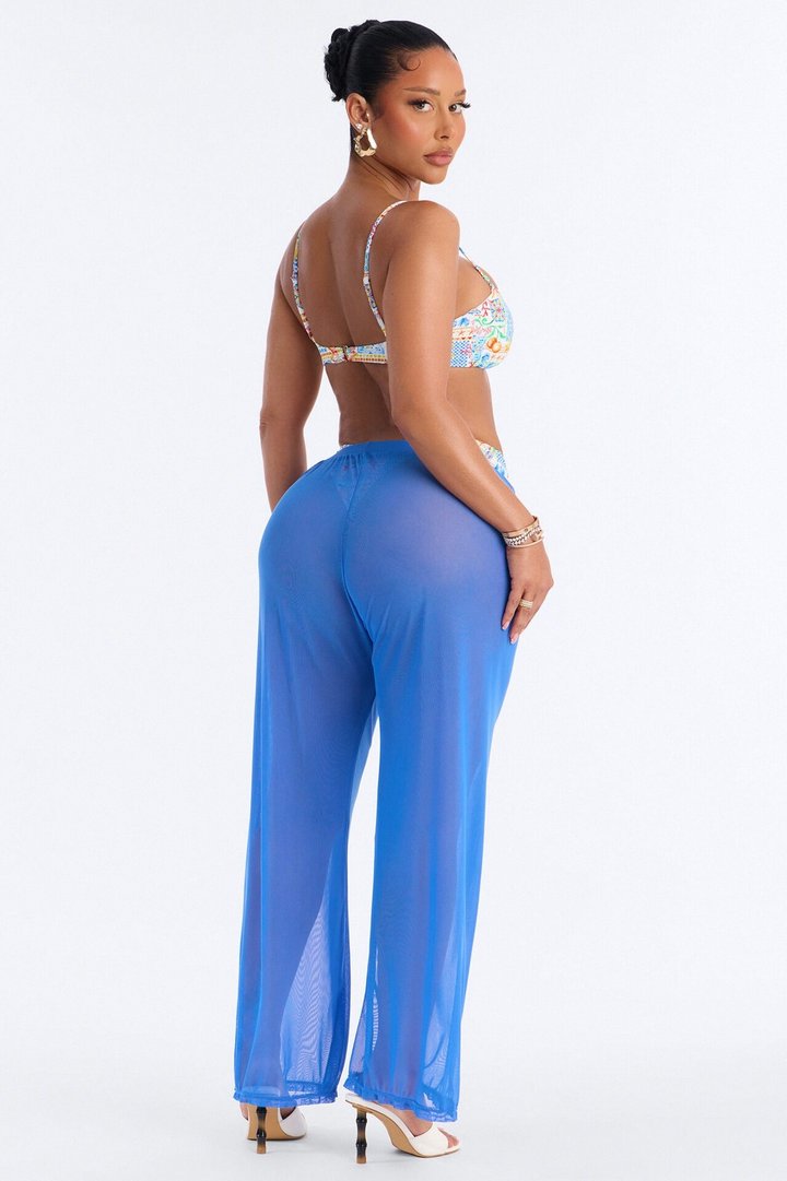 Summer Of Gardens 3 Piece Bandeau Bikini & Mesh Cover Up Pant Sunsuit - Blue/combo