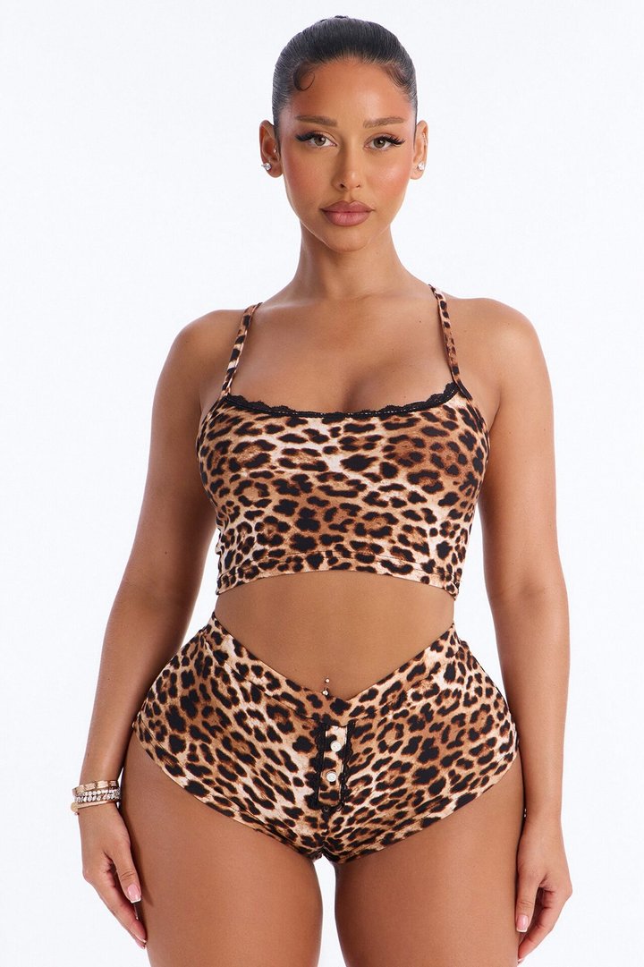 Tempt Me Leopard Bralette Booty Short 2 Piece Set - Leopard