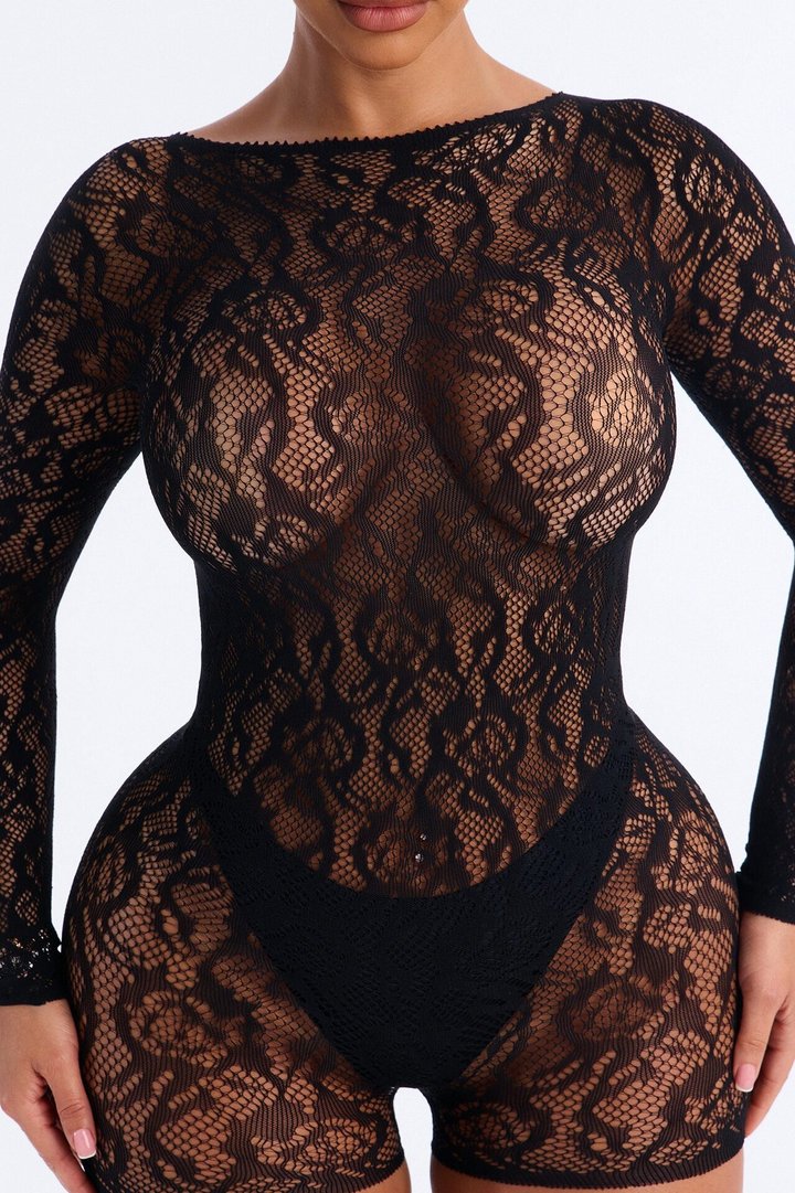 Hold Me Tight Lace Romper Bodystocking - Black