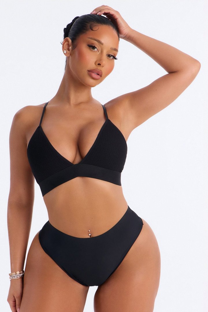 Cotton Ribbed Removable Padded Deep V Bralette - Black