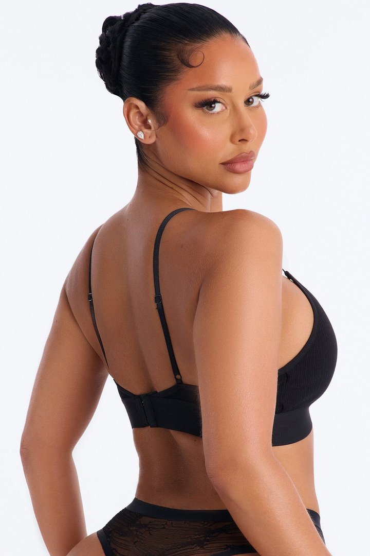 Cotton Ribbed Removable Padded Deep V Bralette - Black