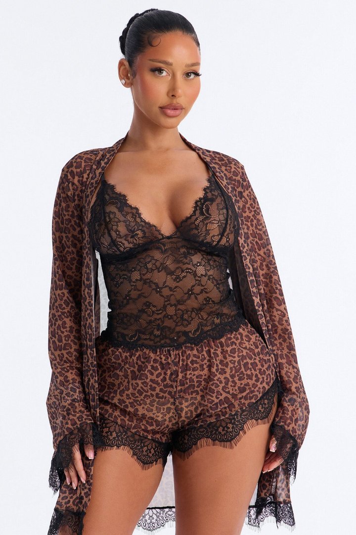 Caught In A Wild Chase Leopard Sheer Robe Lace Trim 3 Piece Set - Leopard