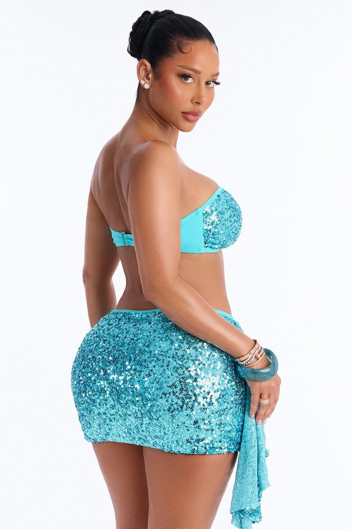 Jada 3 Piece Sequin Strapless Bikini & Cover Up Mini Skirt Sunsuit - Blue