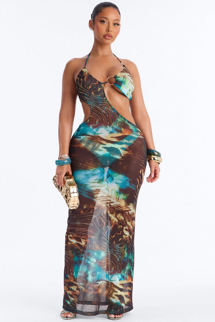 Leea Mesh Swirl Cover Up Cut Out Maxi Dress - Multi Color