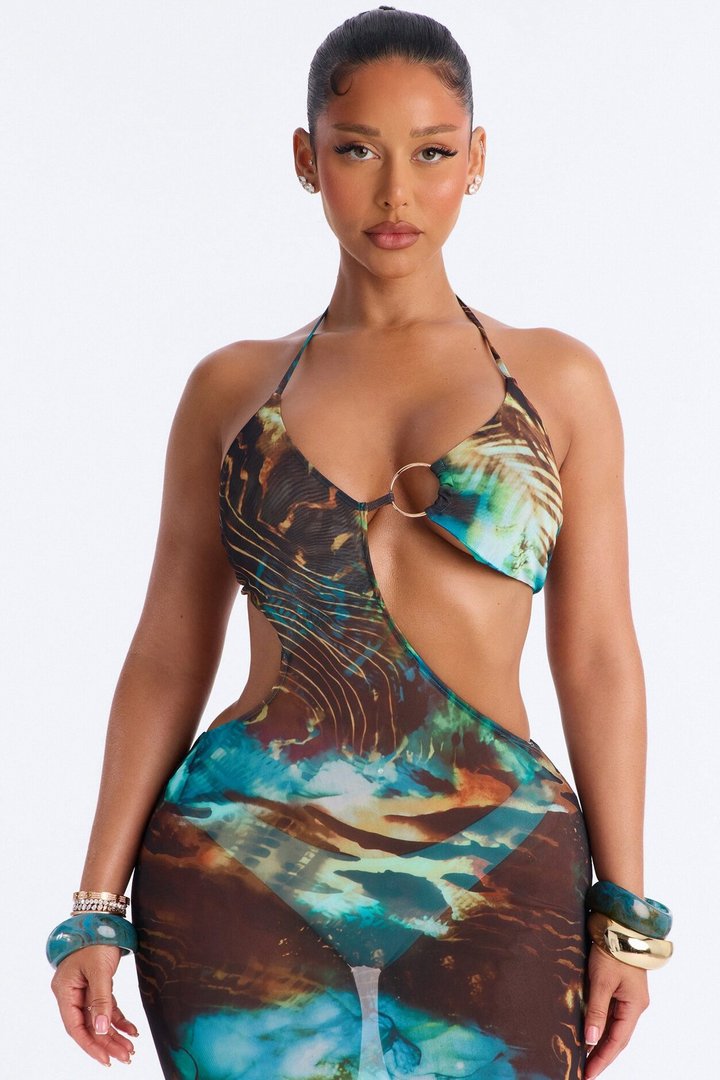 Leea Mesh Swirl Cover Up Cut Out Maxi Dress - Multi Color