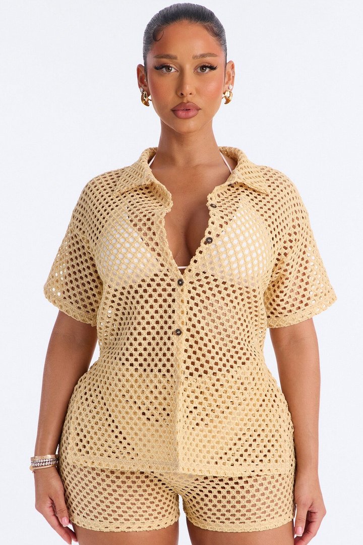 Paradise Sun Button Up Cover Up Shorts Set - Beige