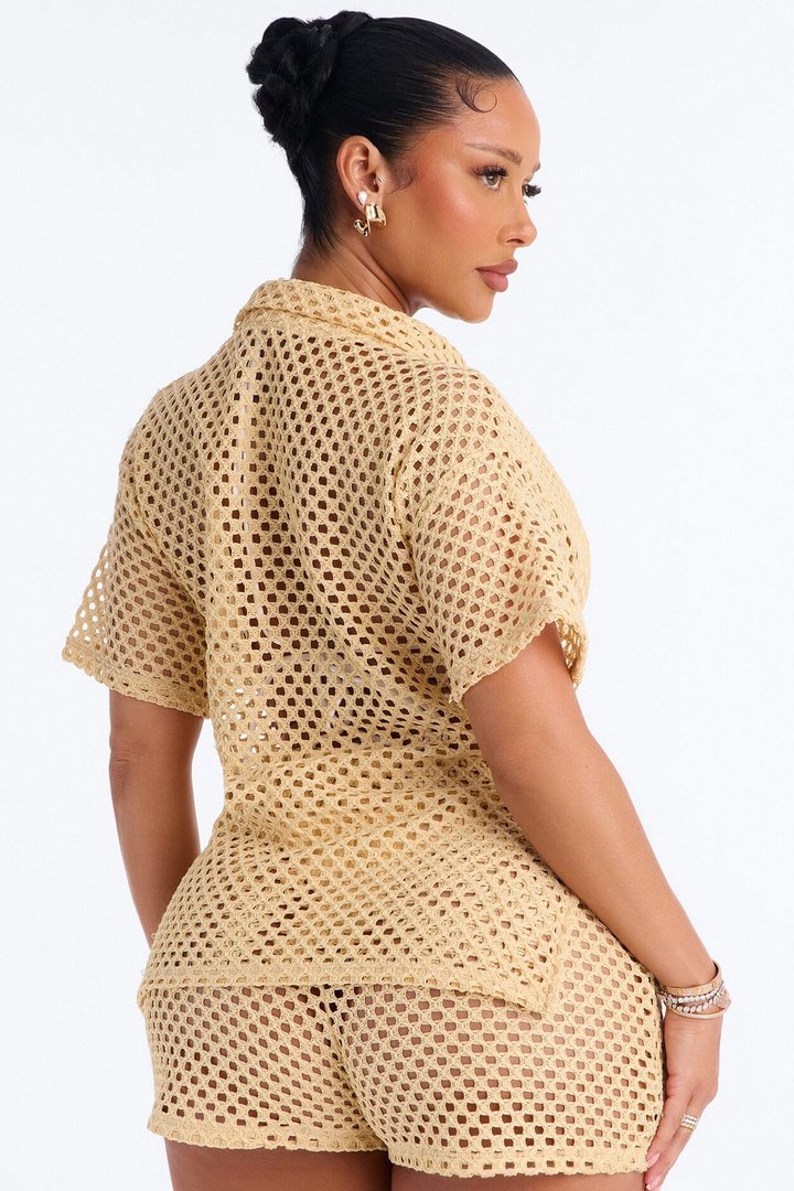 Paradise Sun Button Up Cover Up Shorts Set - Beige